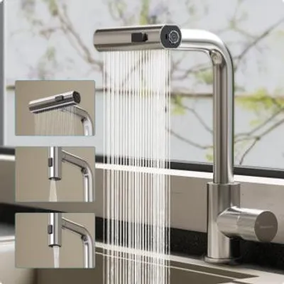 Produktbild von doporro Wasserfall Wasserhahn Küche Hochdruck mit 3 Strahlarten und Einhebel-Mischbatterie, ausziehbare Spültischarmatur Gebürstet silber Turnix-02