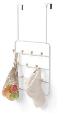 Productafbeelding van Deurkapstok deurkapstok opdekdeur - Estique - 14 haken - Wit en naturel - Houten uiteinden