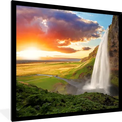 Produktbild von MuchoWow® Gerahmtes Poster Wasserfall - Felsen - Sonnenuntergang - Berge - Orange 40x40 cm - Poster mit Schwarzem Bilderrahmen Wandposter Rahmen Foto Bilder - Mit Rahmen - Wanddekoration Schlafzimmer
