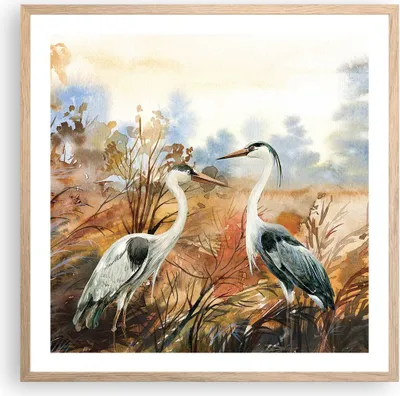 Produktbild von Gerahmtes Poster - Rahmen in heller Eiche - Kraniche Vögel Herbst - 60x60 cm - Wand Bild - Wanddeko - Wandbilder - Kunstposter - Wandposter - Bilderrahmen - Bilder - Kunstdruck - P2NAC60x60-5077