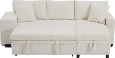 Produktbild von Merax Ecksofa mit Schlaffunktion, Bettkasten, 3-Sitzer L-Form Schlafsofa, USB, Typ-C Ladeanschluss, Regal, 2 Stuhlsitze, Cord Sofa, Umbausofa, Beige
