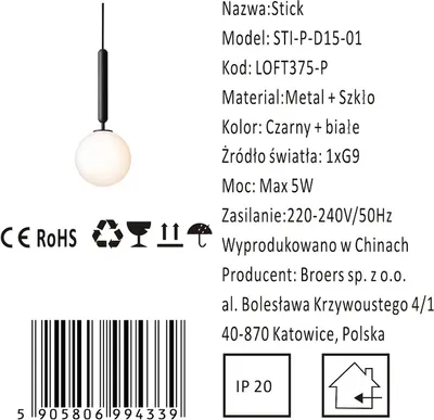 Zdjęcie produktu dla Stick - mleczna kula - lampa wisząca czarna 15cm