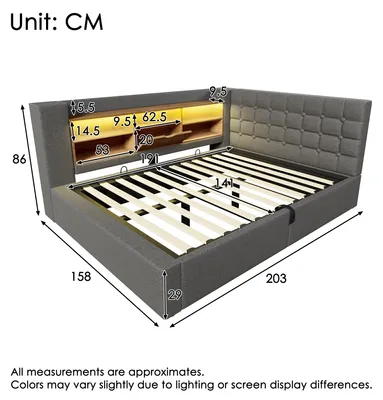 Productafbeelding van Boxspring 140x190, met LED-verlichting, hydraulische opbergruimte, L-vormig hoofdeinde met opbergruimte, beide zijden monteerbaar, lattenbodem, beddengoed, zonder matras.