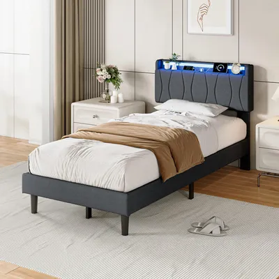 Produktbild von Polsterbett 90x200 cm mit LED, 2 USB & USB-C Anschluss, Lattenrost, gepolstertem Kopfteil, Leinenstoff Grau, 18 cm Bodenfreiheit, ohne Matratze