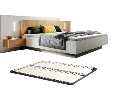 Produktbild von Bett mit Nachttischen 160 x 200 cm - 2 Schubladen - Mit LED-Leuchten - Farben: weiß und natur + Rahmen - FRANCOLI