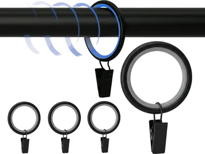 Produktbild von 100 Stück Metall Gardinenringe mit Clips Farbe Schwarz Matt für 16 mm & 19 mm Gardinenstangen Vorhangringe 23 mm Innendurchmesser Leises Gleiten