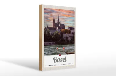 Produktbild von Holzschild Reise 20x30cm Basel Schweiz Fluss Architektur