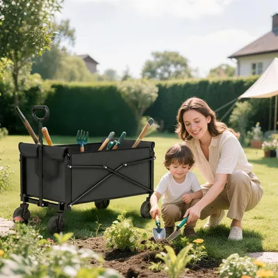 Produktbild von Faltbarer Transportwagen 80L, Bollerwagen klappbar, Oxford-Gewebe, Schwarz | 78 x 47,5 x 92 cm | 50 kg Tragkraft | 14 cm flach faltbar