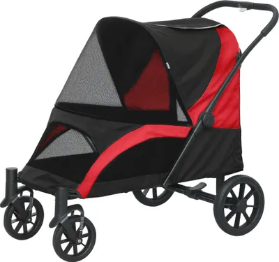 Produktbild von Hundewagen, Faltbarer Hundebuggy für große Hunde, Haustierwagen mit 4 Rädern, Sicherheitsleinen, Bremsen, Schwarz