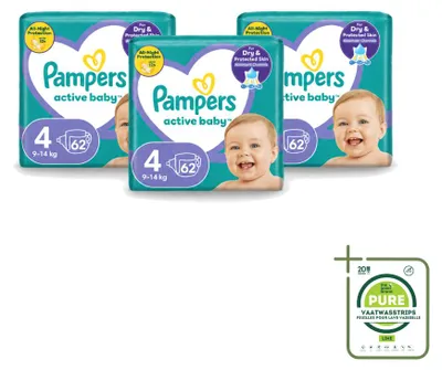 Zdjęcie produktu dla 3 sztuki pieluch dla niemowląt Pampers Active Baby, rozmiar 4 (9-14 kg) - opakowanie zbiorcze