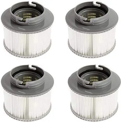 Four identical spa filter cartridges are arranged in a 2x2 grid against a white background.