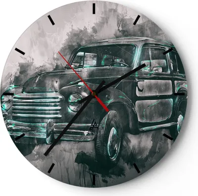 Produktbild von Wanduhr - Rund - Glasuhr - Auto Retro - 40x40cm - Schleichendes Uhrwerk - Lautlos - zum Aufhängen bereit - Dekoration Modern - Wanddekoration aus Glas - C3AR40x40-3834