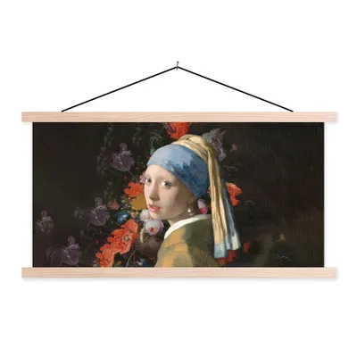 Produktbild von MuchoWow® Textilposter Mädchen mit Perlenohrring - Blumen - Alte Meister 120x60 cm mit holzfarbenen Rahmen - Klemmleiste