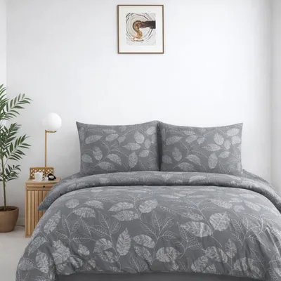 Produktbild von Bettwäsche 135x200 Baumwolle 4-teilig Grau Bettbezug Weiß Blattmuster Kissenbezug mit Natur Design, Arina V2