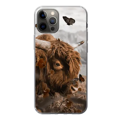 Produktbild von MuchoWow® Handyhülle Schutzhülle Hülle für iPhone 13 Pro Scottish Highlander - Schmetterlinge - Pflanzen Silikon Softcase Handy Hülle - Handy-Tasche