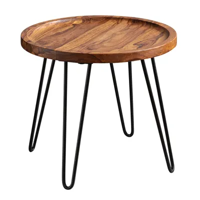 Produktbild von Couchtisch Sheesham Massivholz 45x40x45 cm Wohnzimmertisch Rund, Sofatisch mit Haarnadelbeine, Kaffeetisch aus Holz und Metall