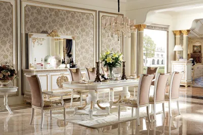 Produktbild von Klassischer Esstisch Tisch Holz Esszimmer Garnitur + 4x Stuhl Set Stühle Barock