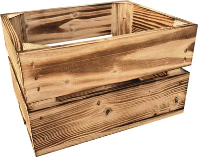 A wooden crate with a burnt wood finish.