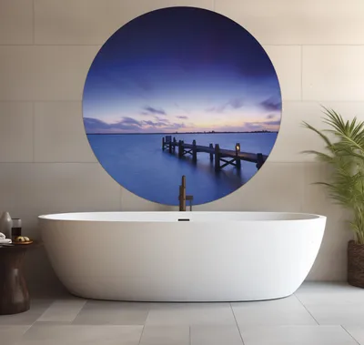 Produktbild von Wallario wasserfestes Poster selbstklebend 120 x 120 cm, Steg bei Abenddämmerung - Blauer Himmel bei Nacht, Badezimmerposter Spritzschutz mit Hochglanzoberfläche in Glasoptik