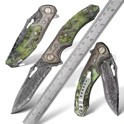 Produktbild von MA-31649 Damast Jagd-Klappmesser - Handgefertigt in Grün KP31649