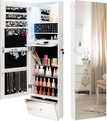 Imagen del producto de Armario colgante para joyas, organizador de joyas con iluminación LED, armario con espejo con cerradura, compartimento abatible y espacio de almacenamiento, estante para joyas, almacenamiento de joyas, montaje en pared, color blanco