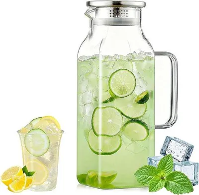 Produktbild von Karaffe aus Glas, 2 Liter, mit Deckel aus Edelstahl, eckige Wasserkanne mit Griff, platzsparend für den Kühlschrank, ideal für kalte und warme Getränke