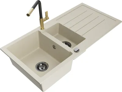 Produktbild von Mexen Andres 1,5-Becken-Granitspüle mit Abtropffläche und Mischbatterie Flora, Beige - 6515-69-670401-57-B