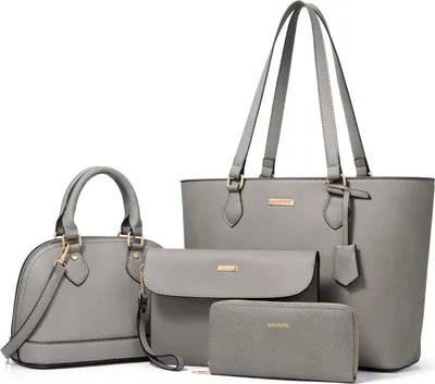 Produktbild von OKWISH 4-in-1 Damen Handtaschen Set, Grau - Elegante Schultertasche, Tote Bag & Clutch, Hochwertiges Kunstleder, Vielseitig für Arbeit & Freizeit