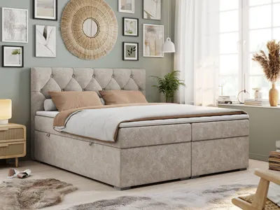 Produktbild von Boxspringbett 180x200 mit Bettkasten, Boxspringbett 180x200 mit Matratze, Doppelbett mit Matratze und Topper - Polsterbett mit Kopfteil - Stauraumbett - ALDA - 180x200 - Beige - Struktur - H3
