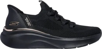 A single black Skechers shoe is shown from a side profile against a white background.