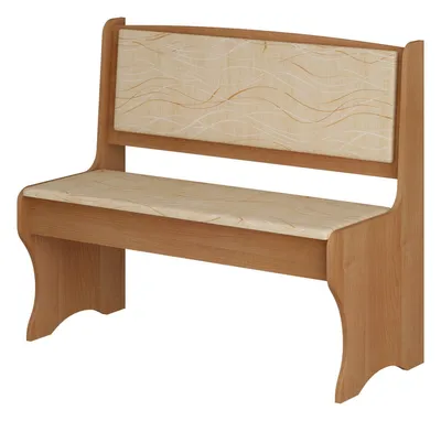 A wooden bench with a patterned fabric seat and backrest, presented on a white background.