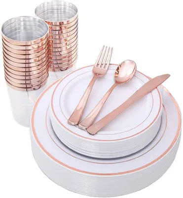 150-tlg. Roségold-Geschirrset aus Kunststoff, 25 Teller, 25 Becher