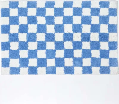 Produktbild von HOMESCAPES Rutschfeste Badematte blau-weiß mit Schachbrett-Muster, 50 x 80 cm