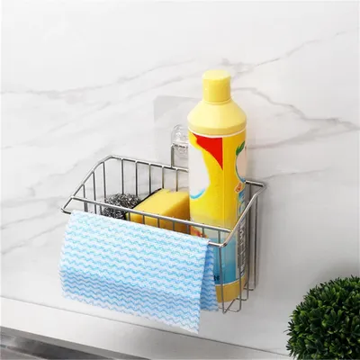 Zdjęcie produktu dla Uchwyt na gąbkę do mycia naczyń - organizer do kuchni - system przechowywania w kuchni - stal nierdzewna - 19x15x11 cm - srebrny