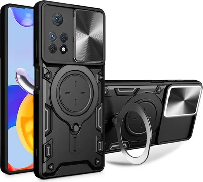 Produktbild von Handyhülle für Xiaomi Redmi Note 11 Pro 5G/4G Dual-Layer Stoßfest Rüstung Hülle mit Dia Kameraschutz und Kreisförmig Ring Ständer Schwarz