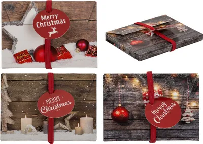 A collage of four Christmas-themed gift envelopes, each decorated with festive elements like snow, ornaments, candles, and lights, and featuring a red ribbon and a round tag with 'Merry Christmas' text.