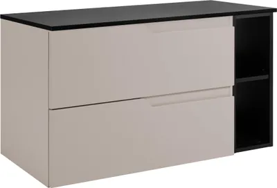 Produktbild von RODAN | Waschbeckenunterschrank - Beige und Schwarz - 100 cm - Mit Tischplatte - 2 Schubladen - Hängend - mit Seitlichem Regal - MODERN