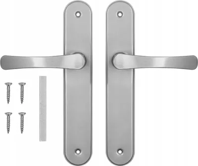 A set of two silver door handles with screws and a connecting bar, laid out on a white background.