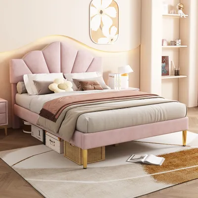 Image de Sweiko lit rembourré 140x200cm, lit double, lit en forme de coquillage avec des pieds en fer dorés, tête de lit réglable en hauteur, sommier à lattes en bois, rose