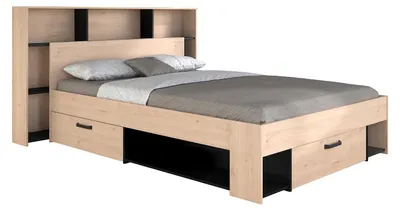 Produktbild von Bett 140 x 190/200 cm mit Kopfteil & Stauraum - Holzfarben & Schwarz - KINSELIA