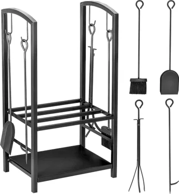 Obrázek produktu pro Outsunny stojan na palivové dřevo Dvoupatrový stojan na palivové dřevo s krbovou sadou, ocelový stojan na palivové dřevo, 40 x 30 x 74,5 cm, černý