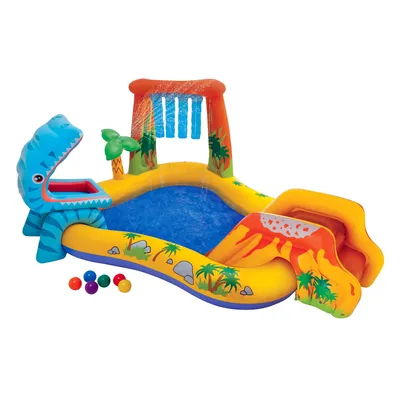 An inflatable dinosaur-themed water play center with a slide, pool, and water sprayer.