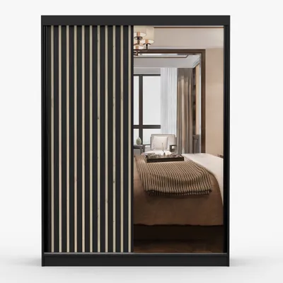 Produktbild von Schwebetürenschrank Kleiderschrank Schrank Schiebetürenschrank 150cm Schwarz/Schwarz mit Spiegel, LED und Lamellen LAMI C
