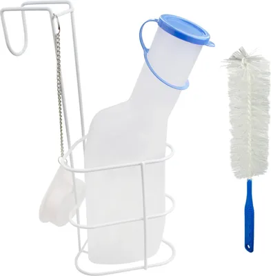 Produktbild von Medi-Inn Urinflasche PP 1000 ml für Männer milchig | mit Betthalter und Reinigungsbürste