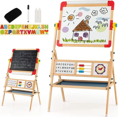 Produktbild von GOPLUS Kinderstaffelei aus Holz, doppelseitige 3-in-1 Malstaffelei mit Whiteboard, Kreidetafel & Papierrolle, Kunststaffelei