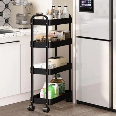 Productafbeelding van Ibenzoa® Multifunctionele rolwagen van koolstofstaal, 4 niveaus, 360° wielen – Opbergwagen voor keuken, kantoor en badkamer, zwart