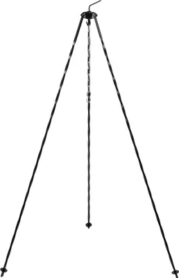 A black metal tripod stand with a hook and chain, designed for hanging a kettle or pot.