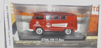 A model toy car of a red VW T1 bus is displayed in its original packaging.