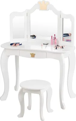 A white wooden vanity table and stool set for children, with a tri-fold mirror and a drawer.