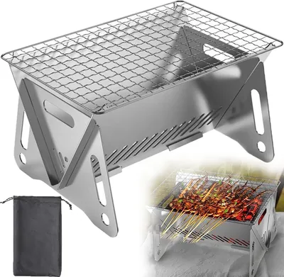 Immagine prodotto di Griglia portatile a carbone con borsa di trasporto – Griglia pieghevole in acciaio inossidabile – 28,5 x 18,5 x 13 cm – Griglia portatile a carbone con griglia – Affumicatore